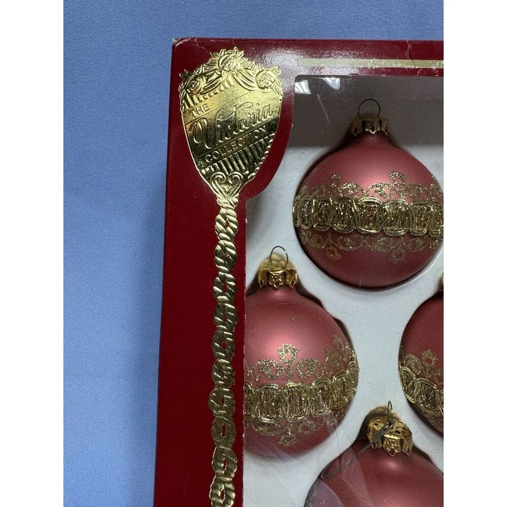 VTG Victoria Collection Christmas Ornaments  4 Pink Glass Gold Glitter